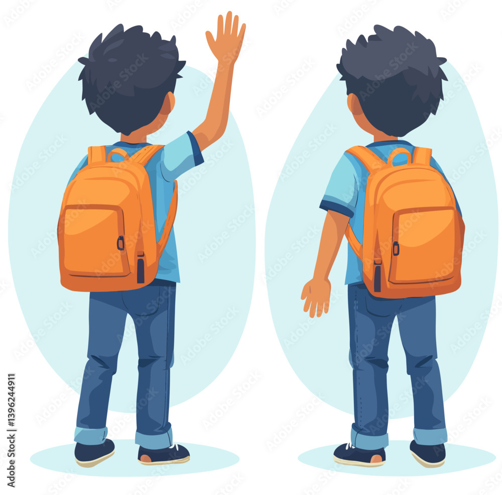 Two boys are depicted walking together while wearing backpacks in a piece of flat modern art Two boys are depicted walking together while wearing backpacks in a piece of flat modern art