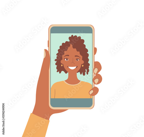 A smartphone is being held in a hand, displaying a smiling woman in a flat modern art style