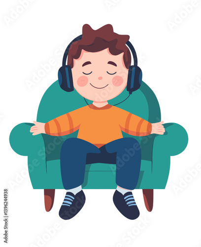 A joyful youngster sits in a cozy chair, surrounded by modern artwork, and listens to music