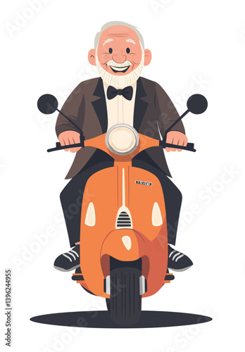Elderly man with a happy expression riding a scooter depicted in flat modern art style