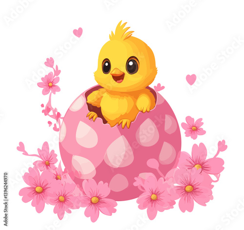 Modern art depicting a cute baby chick emerging from an egg with floral accents