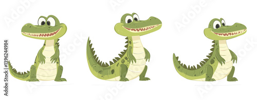A cheerful cartoon crocodile is depicted in lively postures within a contemporary flat illustration style