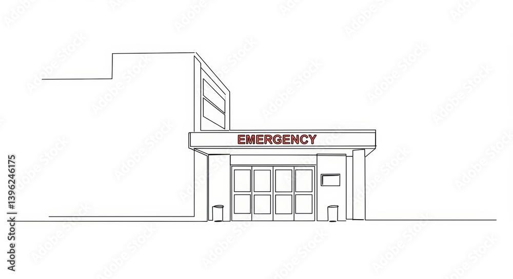 Obraz premium Single Line Art: Emergency Department Entrance in Minimalist Style Drawing
