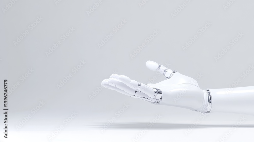 Robotic hand offering. A white robotic hand extends outward, palm up, in a gesture of offering or presentation