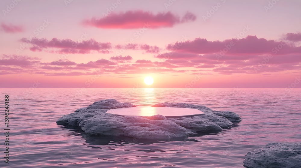Naklejka premium Ethereal Sunset Over Serene Water with Hexagonal Reflective Surface