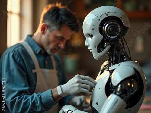 A man is working on a robot in a kitchen. The robot is white and has a human-like face. The man is wearing a blue shirt and an apron. The scene is a mix of science fiction and reality