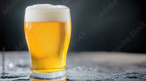 Cold, light beer in a glass. Frothy head
