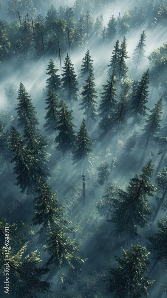 Obraz premium Aerial view of a misty pine forest, showcasing tall trees in dark green and blue hues. High contrast, soft shadows, and cinematic lighting create a hyper-realistic atmosphere.