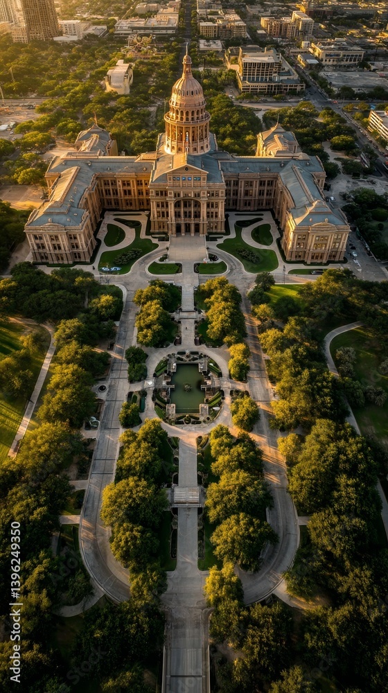 The Texas Capitol's majestic grounds, expansive lawns, and lush greenery during the day - scenic greenery space building