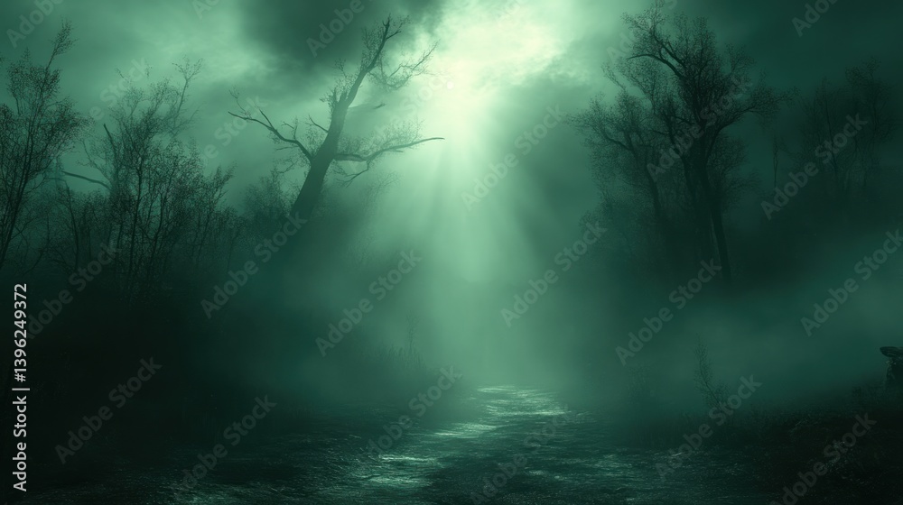 Enchanted Forest Pathway Illuminated by Mysterious Light Rays Through Foggy Atmosphere Enchanted Forest Pathway Illuminated by Mysterious Light Rays Through Foggy Atmosphere