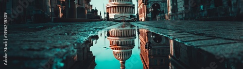 Obraz na płótnie The Capitol reflecting in a nearby fountain or pool of water, creating a symmetrical image - architecture symmetrical angle mirror w salonie