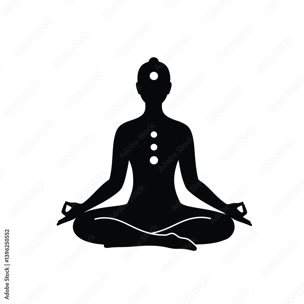 Obraz premium Silhouette Of Woman Meditating In Lotus Position With Chakra Points Highlighted