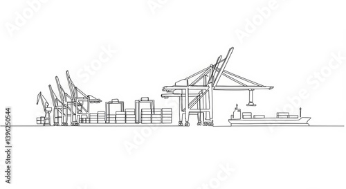 Continuous Line Drawing of a Cargo Terminal at Port with Cranes and Ship