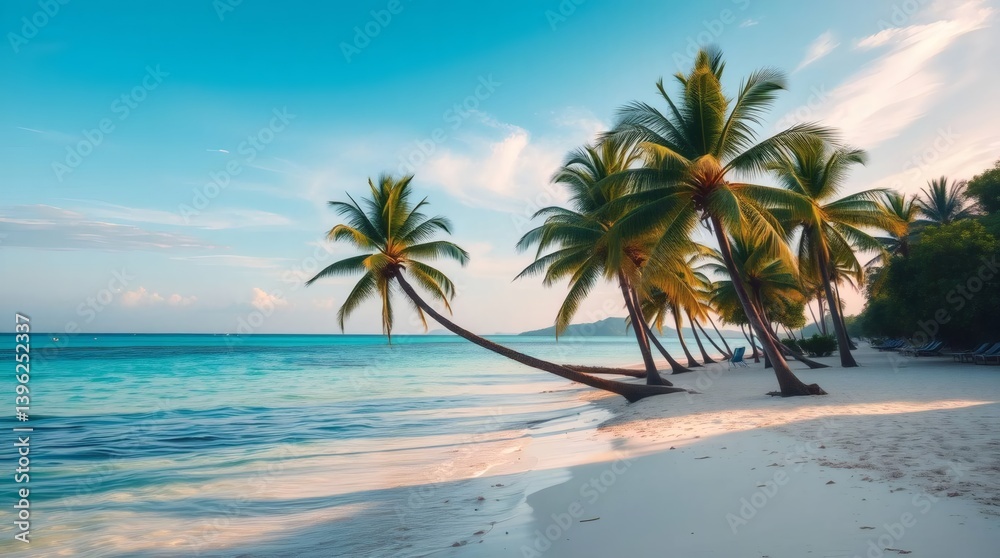 Obraz premium Serene tropical beach with swaying palm trees under a clear blue sky Generative AI