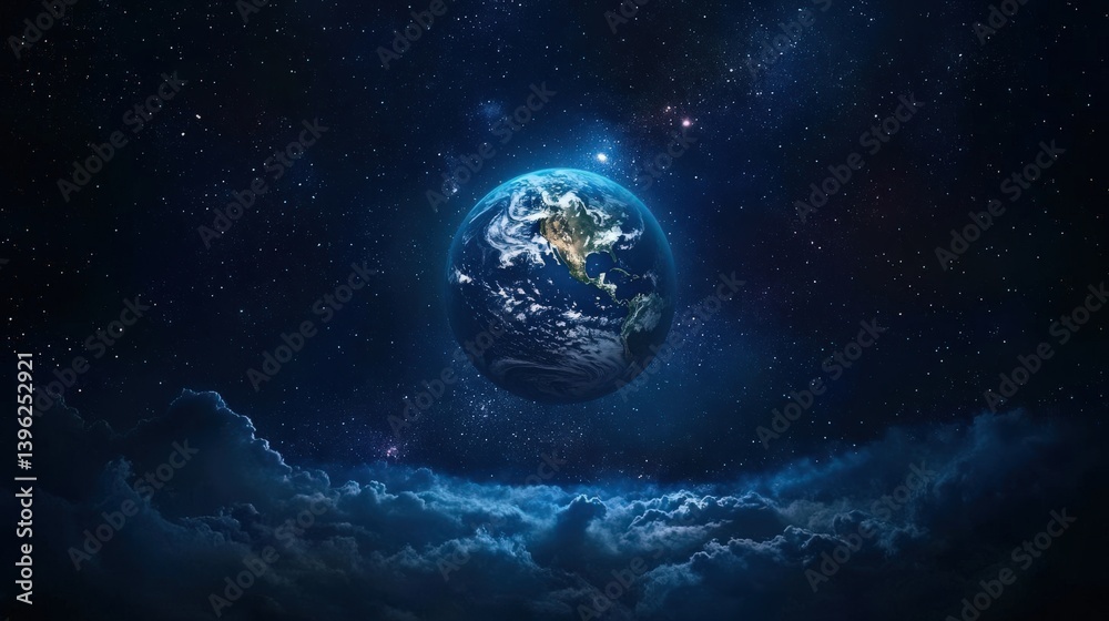 Fototapeta premium A stunning view of Earth illuminated by moonlight against a dark blue starry background, with misty clouds adding depth, evoking themes of space exploration and surrealism. High resolution.