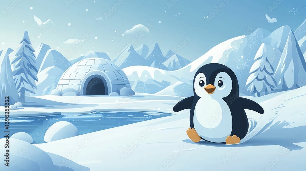 Naklejka premium Cute Cartoon Penguin Sliding on Snowy Landscape with Igloo in Background
