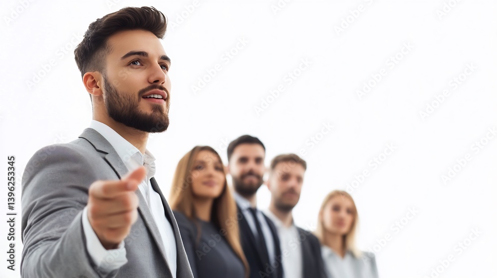 Business consultant leading team on business innovation strategies isolated with a white background to highlight clarity and direction Business consultant leading team on business innovation strategies isolated with a white background to highlight clarity and direction