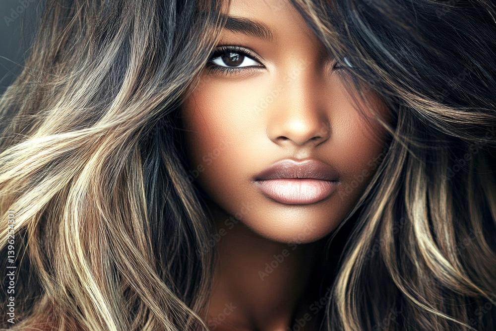 Obraz premium Lovely calm mixed-race girl - for ads, boulevard poster and digital marketing use. Commercial ad idea. Long haircut - highlighted hair. African american style portraits. Black woman concept.