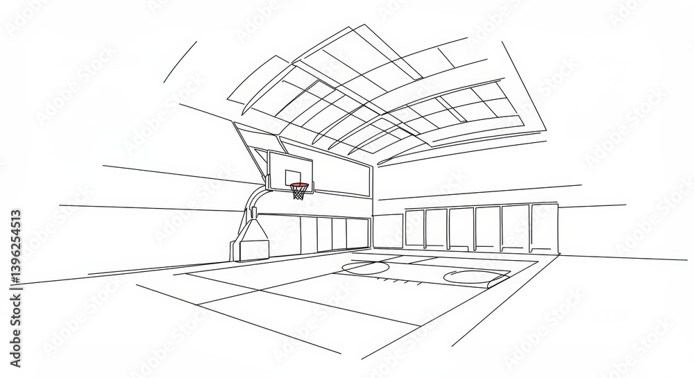 Fototapeta premium Minimalist continuous line drawing of an indoor basketball court interior view