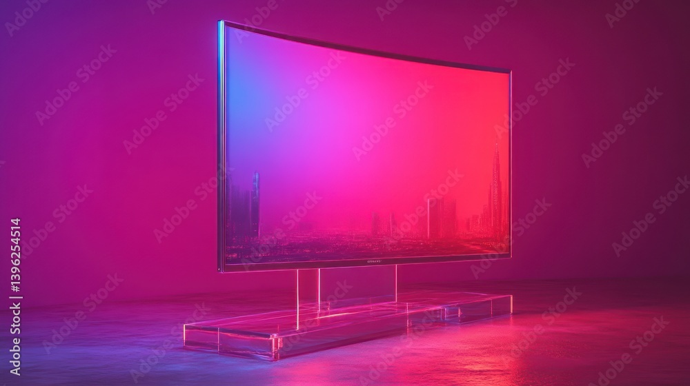 Modern TV Display with Futuristic Cityscape Reflection in a NeonLit Room Featuring Clear Stan Modern TV Display with Futuristic Cityscape Reflection in a NeonLit Room Featuring Clear Stan