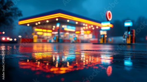 A vibrant gas station at night, reflected in a rainy parking lot. photo