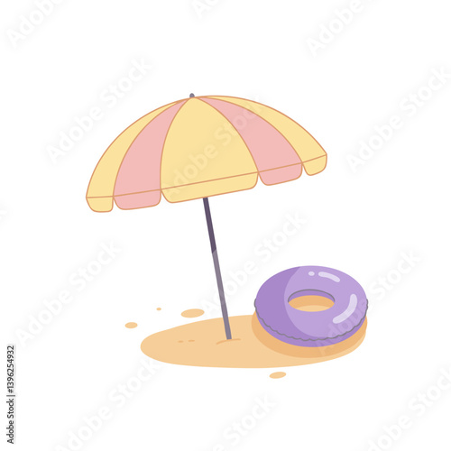 Pastel Beach Umbrella and Float on Sandy Shore – Summer Vacation Scene for Travel, Leisure, and Resort Advertising