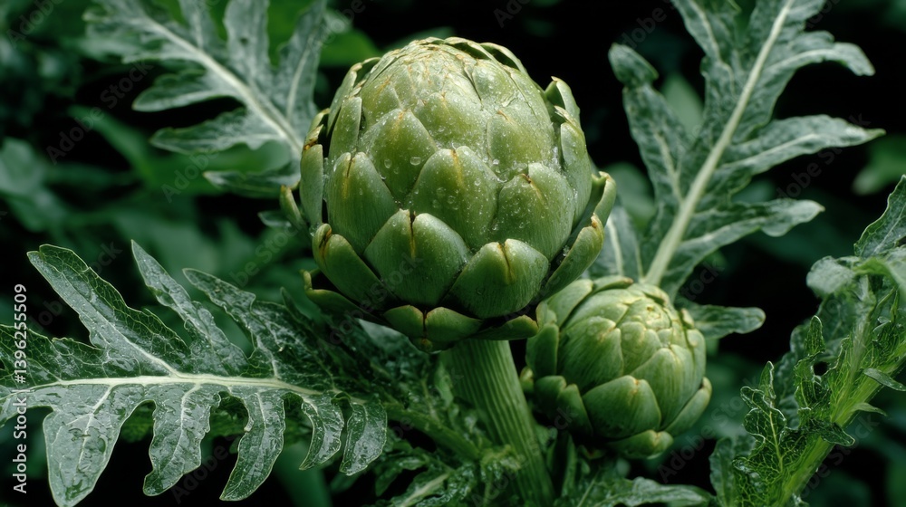 Fototapeta premium Fresh artichokes growing on a vibrant green plant in a garden