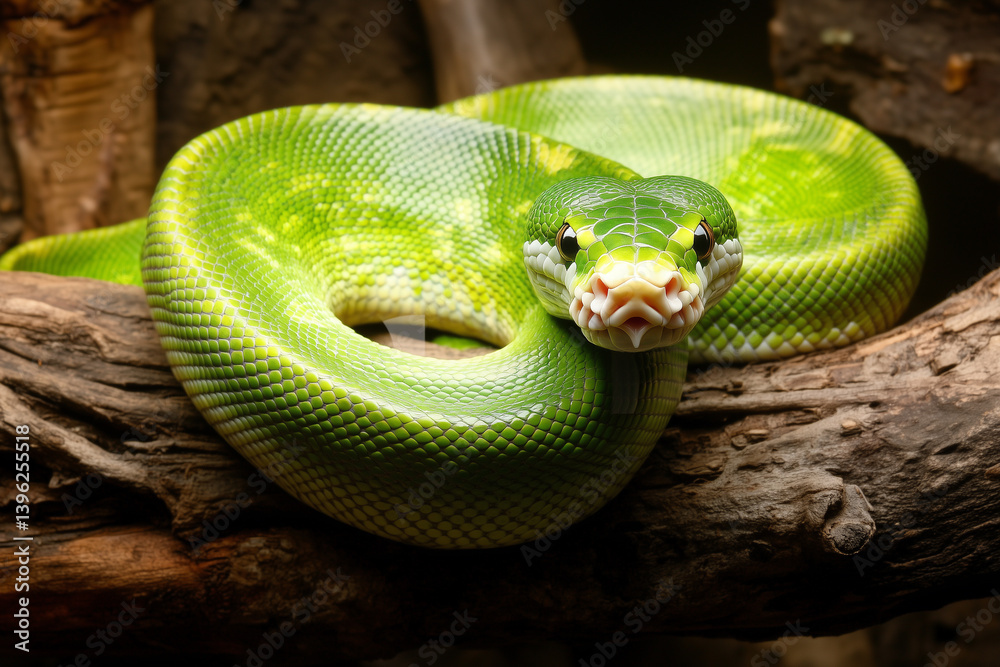 Fototapeta premium Bright Green Python Coiled on Branch with Detailed Scales and Lively Texture