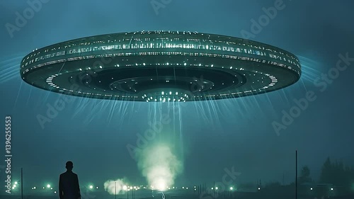 A mysterious UFO hovers above a foggy landscape as a lone figure gazes in awe at the spectacle