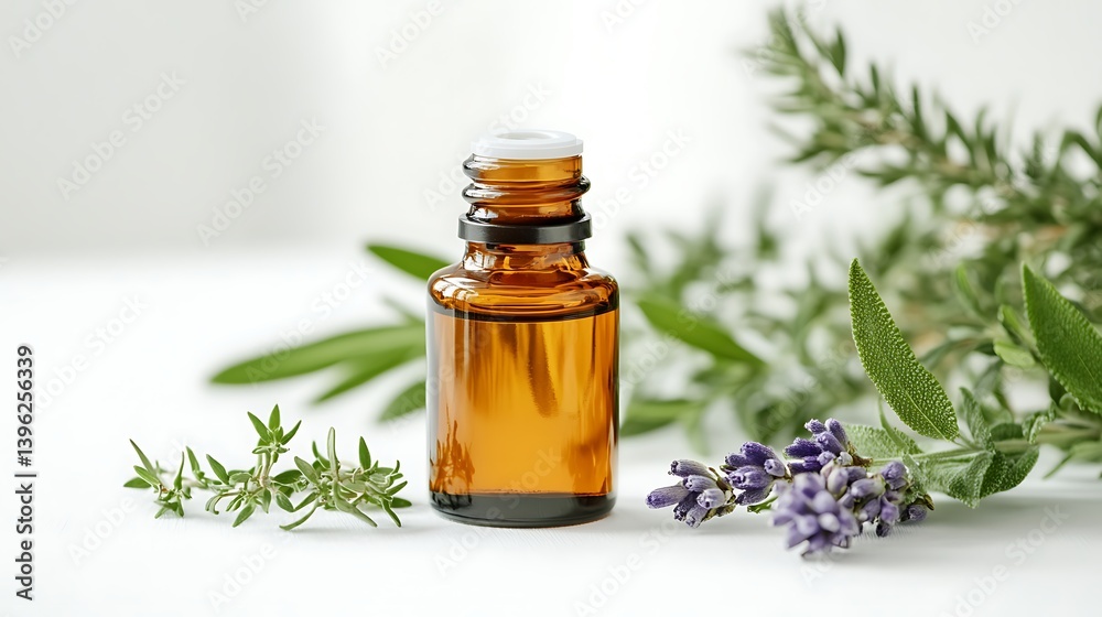 Aromatic elixir: Essential oil vial surrounded by fresh herbs and floral essence Aromatic elixir: Essential oil vial surrounded by fresh herbs and floral essence