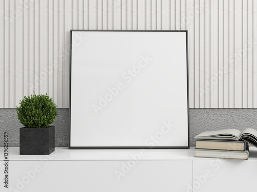 Blank square frame on a TV stand and decoration. 3D rendering, interior design, 3D illustration