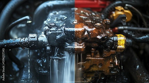 A comparison of a dirty and cleaned engine block.