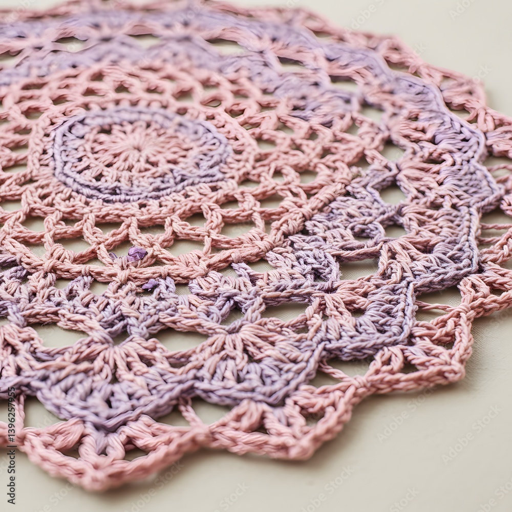 Fototapeta premium Delicate Pink and Purple Crochet Mandala Doily A Charming Handmade Home Decor