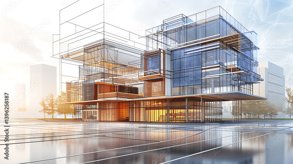 Modern building design merging wireframe blueprint sketch with realistic 3D rendering in an urban setting. Architecture, construction, engineering concept.
Modern building design merging wireframe blueprint sketch with realistic 3D rendering in an urban setting. Architecture, construction, engineering concept.