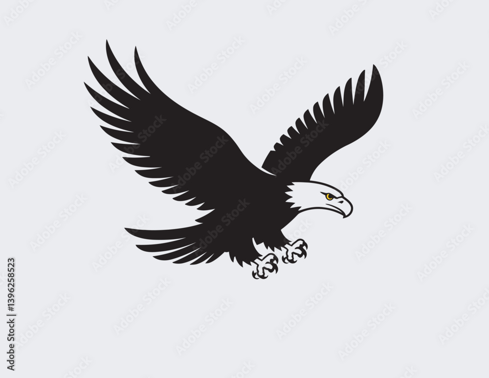 Fototapeta premium Flying Bald Eagle Vector Silhouette with Spread Wings and Yellow Eye Detail