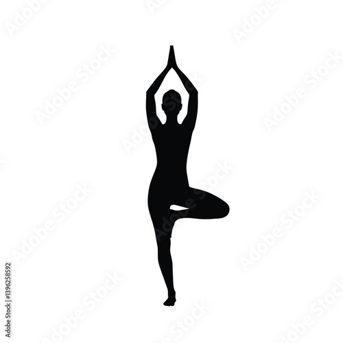 Silhouette Of Woman Practicing Tree Pose Yoga Balance And Wellness Exercise