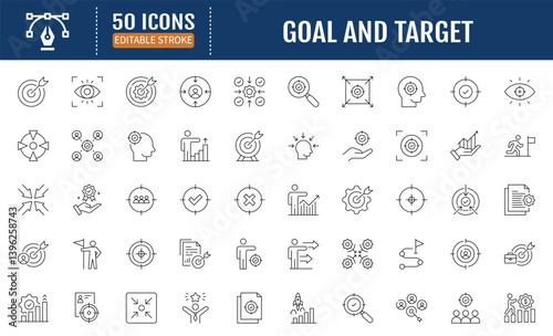 Goal and Target line editable icon set. Containing goal, target, objective, aim, milestone, vision, mission, achievement and more. Vector Illustration