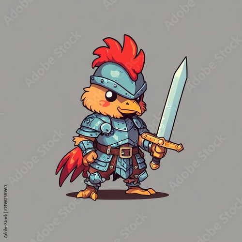 Brave Rooster Knight: A Cartoon Illustration of a Rooster in Medieval Armor Holding a Sword