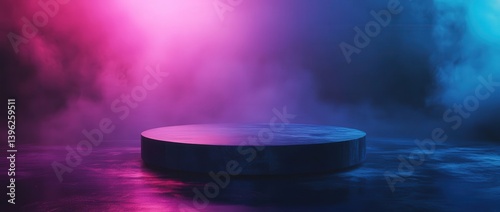 Abstract podium with blue and purple lighting for product presentation. Round pedestal stage on dark gradient background, ideal for banners, flyers, and mockups. High-resolution, photorealistic design