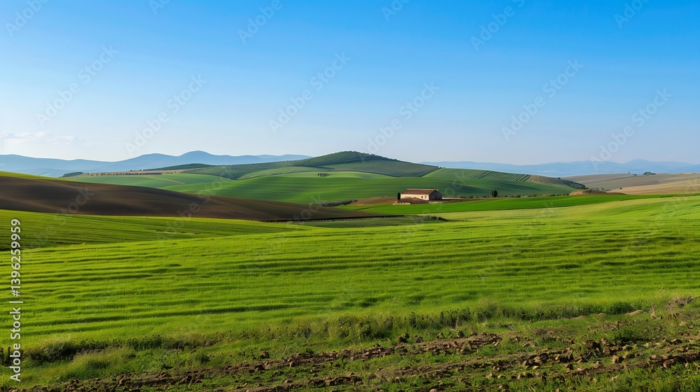 Beautiful rustic farm landscape green fields a rustic barn and clear skies ideal for agriculture related websites organic farm products and rural themed marketing campaigns Beautiful rustic farm landscape green fields a rustic barn and clear skies ideal for agriculture related websites organic farm products and rural themed marketing campaigns