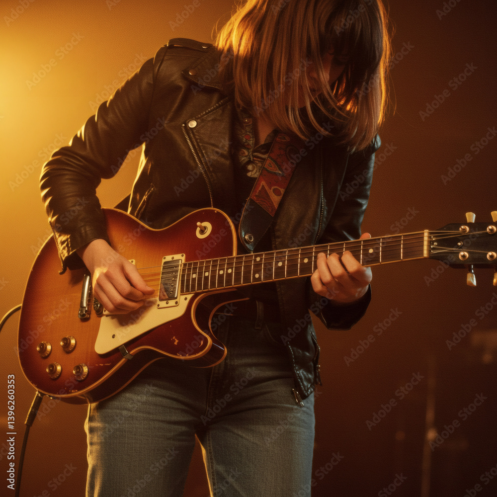 Obraz premium Female Musician Playing Electric Guitar on Stage Under Golden Spotlight Passionate Performance, Rock Music, Live Concert Photography