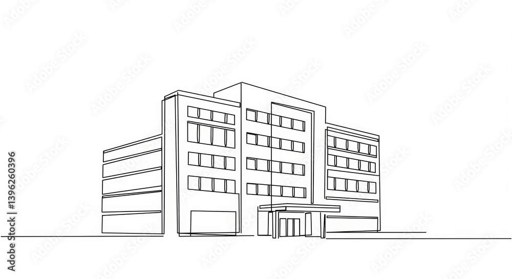 Fototapeta premium Minimalist Line Art: Continuous Line Drawing of a General Hospital Building