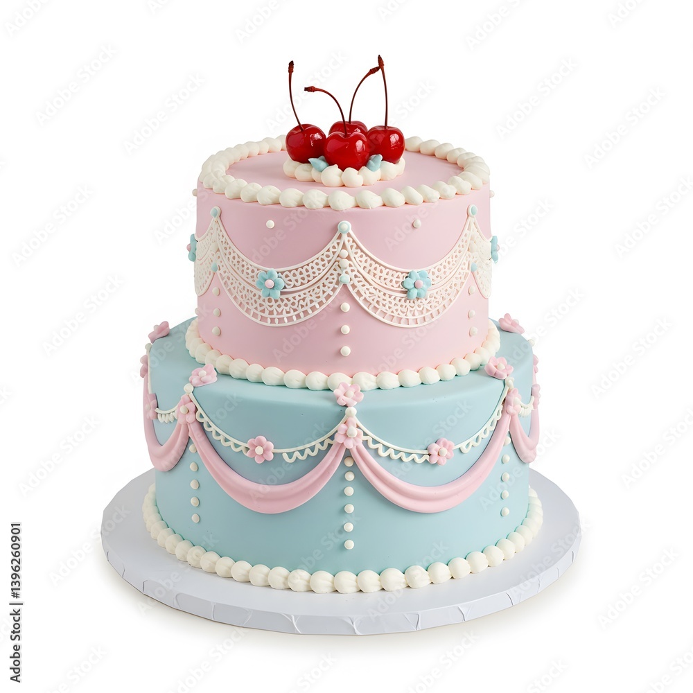 Elegant Two-Tiered Cake with Cherries and Delicate Floral Design Elegant Two-Tiered Cake with Cherries and Delicate Floral Design