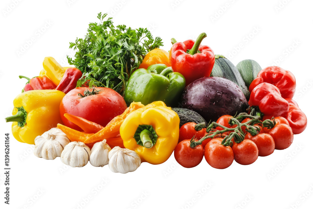 A vibrant assortment of fresh vegetables including peppers tomatoes garlic and zucchini on display A vibrant assortment of fresh vegetables including peppers tomatoes garlic and zucchini on display
