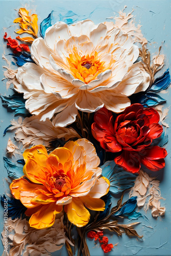 Colorful floral arrangement with textured petals on a blue background Generative AI