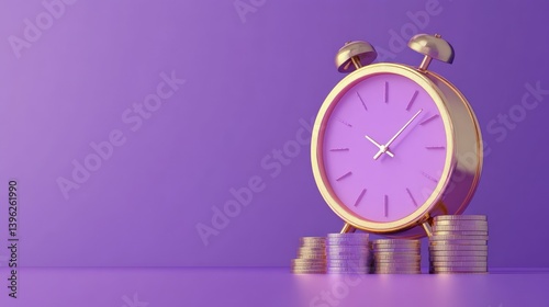 Golden clock with stacked coins against a vivid purple backdrop symbolizing time is money