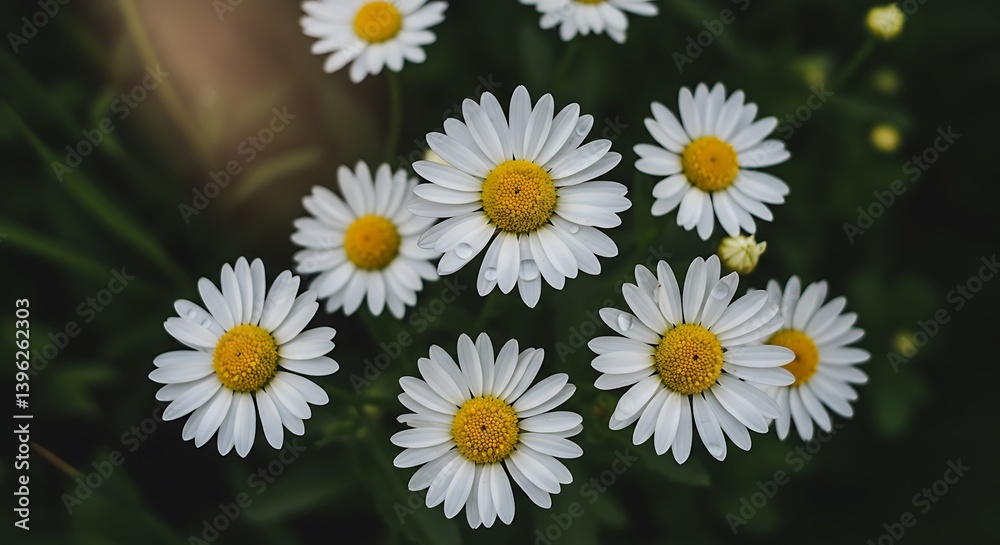Close-up of daisies with water droplets - peacefulness and freshness - for nature-themed websites or social media