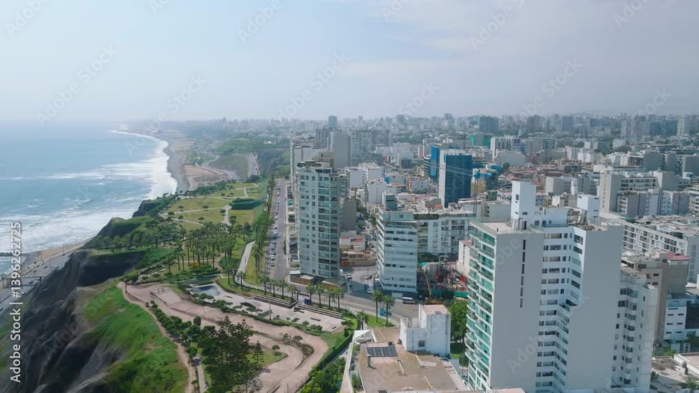 Daytime Aerial View of Miraflores District in Lima, Peru – Drone Footage of Urban Cityscape and Pacific Coast