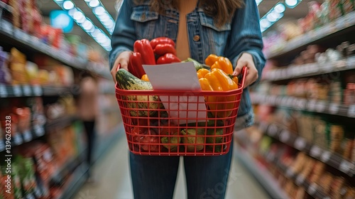 A person shopping for fresh produce in a grocery store with a shopping basket full of vegetables. photo
