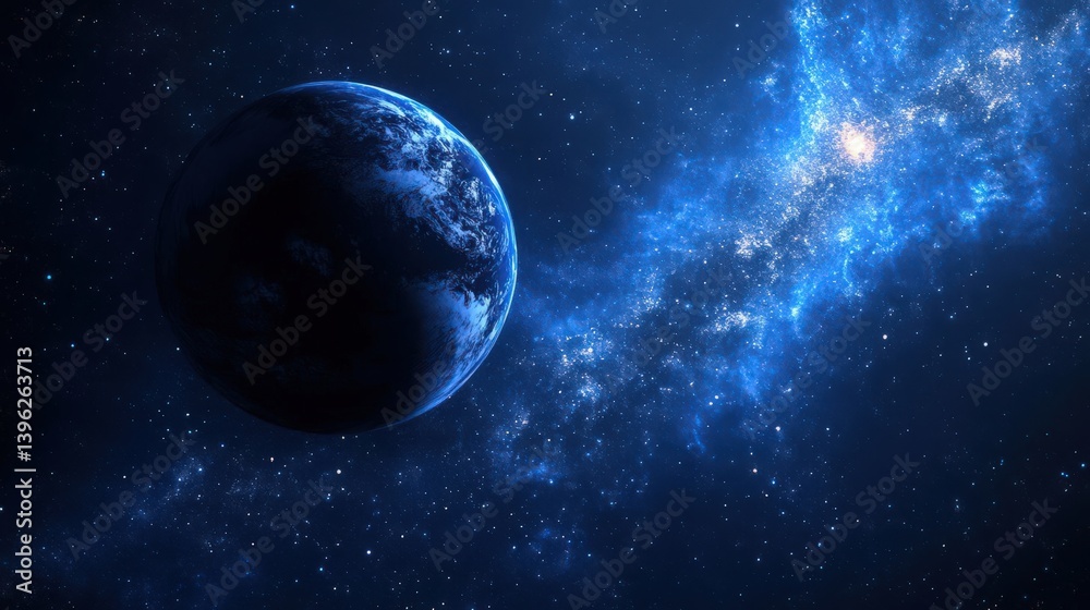 Obraz premium Abstract night sky featuring a dark blue gradient, stars, a galaxy, and a planet, creating a stunning cosmic wallpaper that evokes the beauty of the universe.